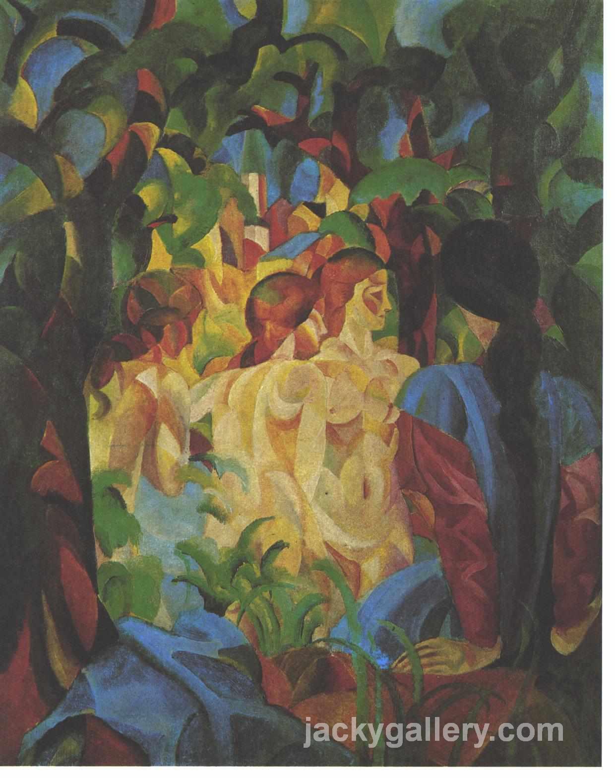 Bathing girls with town in the backgraund, August Macke painting